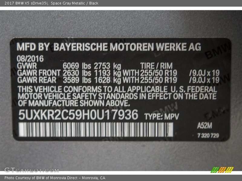 2017 X5 sDrive35i Space Gray Metallic Color Code A52