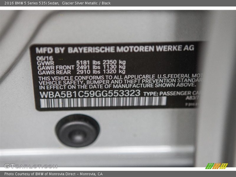 Glacier Silver Metallic / Black 2016 BMW 5 Series 535i Sedan
