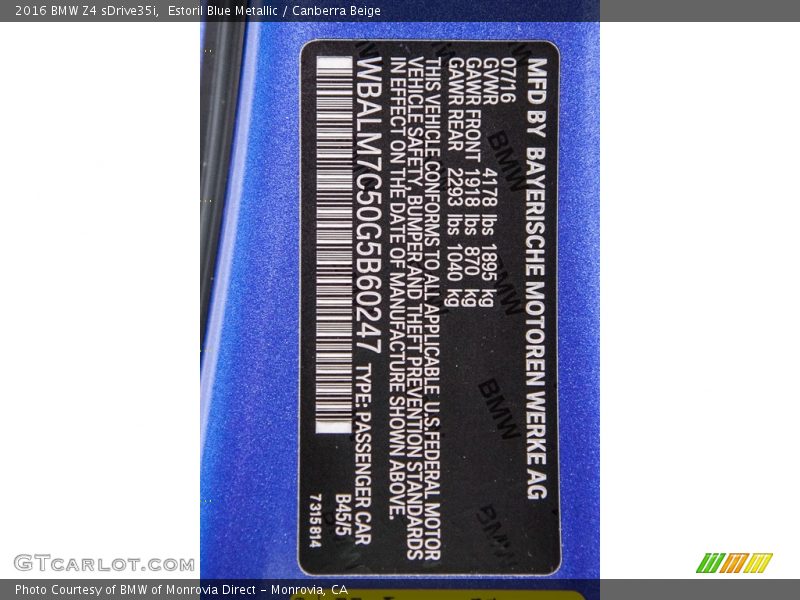 2016 Z4 sDrive35i Estoril Blue Metallic Color Code B45