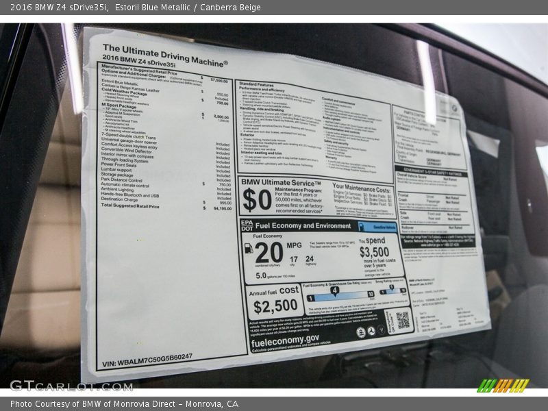  2016 Z4 sDrive35i Window Sticker