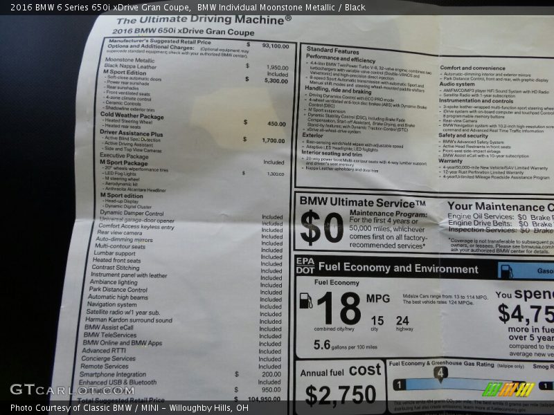  2016 6 Series 650i xDrive Gran Coupe Window Sticker