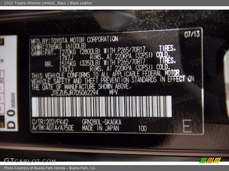 Black / Black Leather 2013 Toyota 4Runner Limited