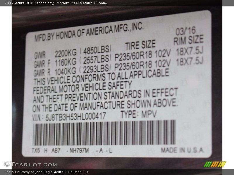 Modern Steel Metallic / Ebony 2017 Acura RDX Technology