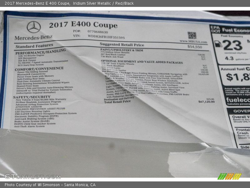  2017 E 400 Coupe Window Sticker