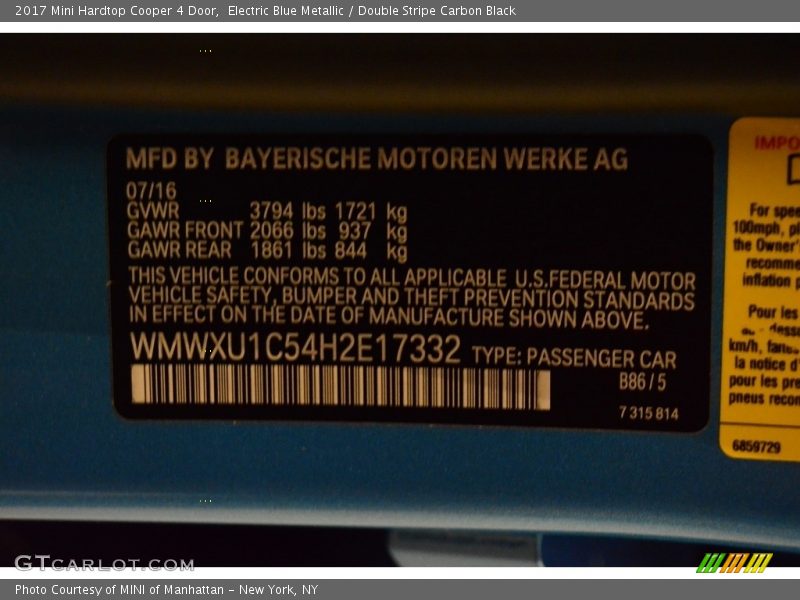 2017 Hardtop Cooper 4 Door Electric Blue Metallic Color Code B86