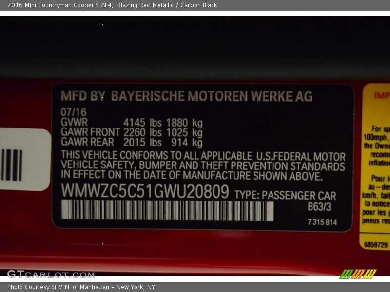 Blazing Red Metallic / Carbon Black 2016 Mini Countryman Cooper S All4