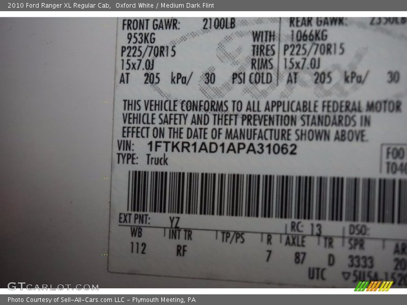 Oxford White / Medium Dark Flint 2010 Ford Ranger XL Regular Cab