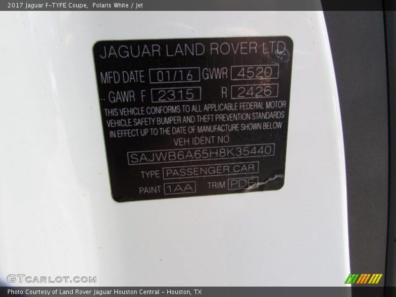 2017 F-TYPE Coupe Polaris White Color Code 1AA