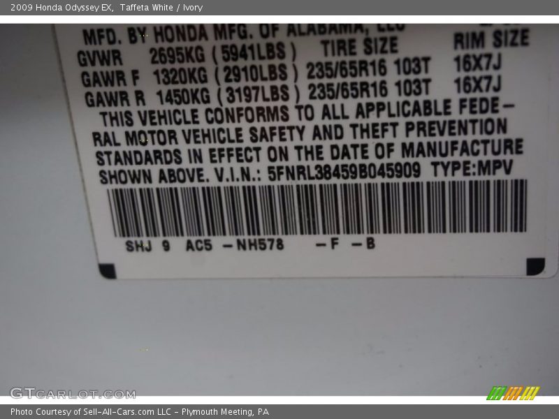 Taffeta White / Ivory 2009 Honda Odyssey EX