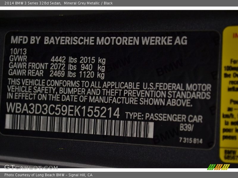Mineral Grey Metallic / Black 2014 BMW 3 Series 328d Sedan