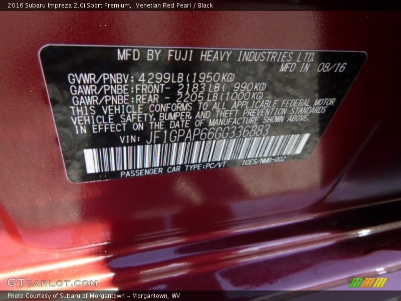 Venetian Red Pearl / Black 2016 Subaru Impreza 2.0i Sport Premium