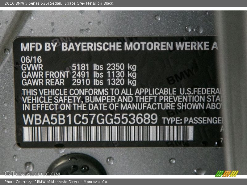 Space Grey Metallic / Black 2016 BMW 5 Series 535i Sedan