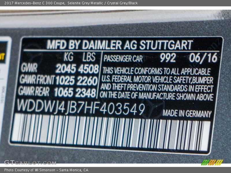 Selenite Grey Metallic / Crystal Grey/Black 2017 Mercedes-Benz C 300 Coupe