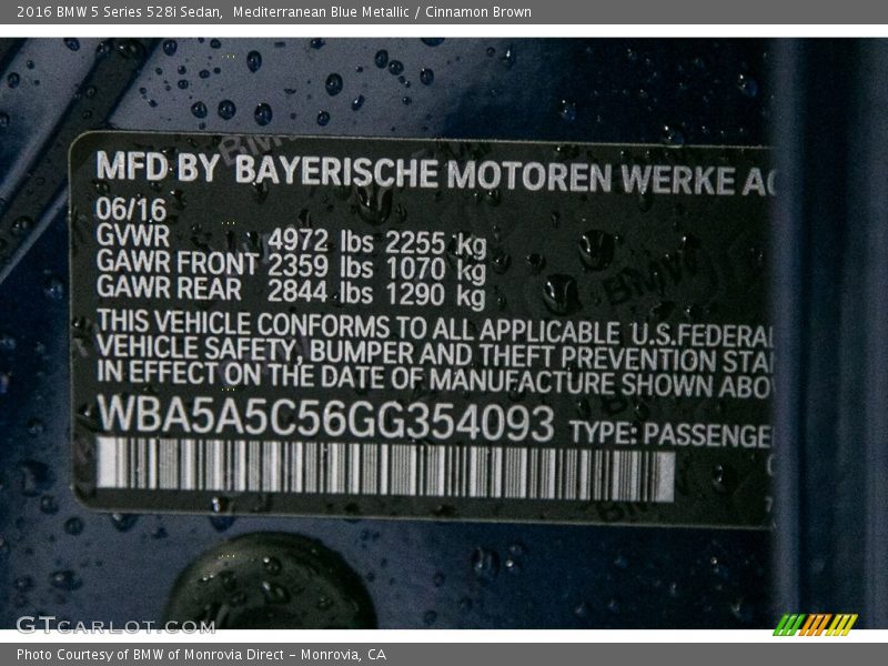 Mediterranean Blue Metallic / Cinnamon Brown 2016 BMW 5 Series 528i Sedan
