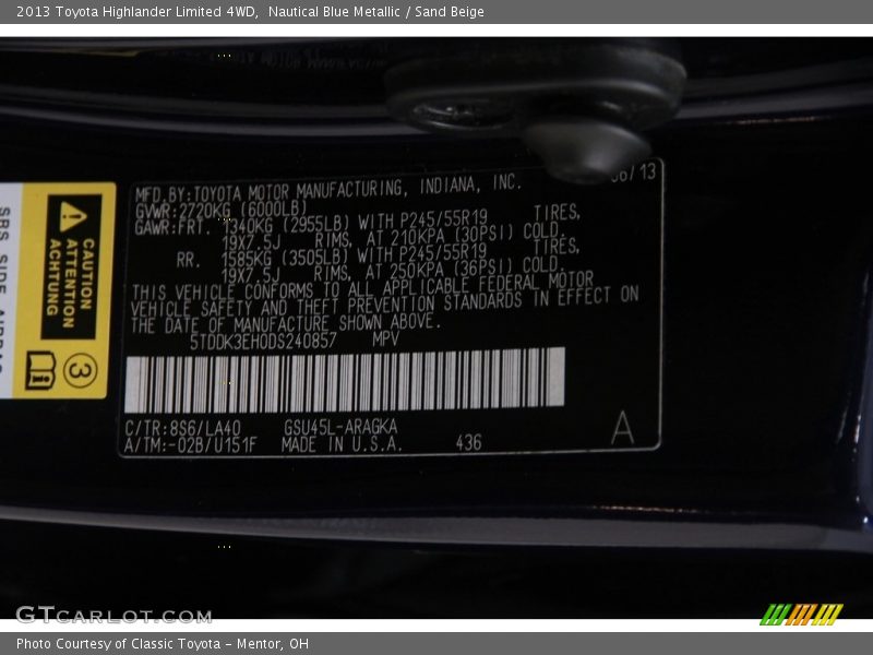 Nautical Blue Metallic / Sand Beige 2013 Toyota Highlander Limited 4WD