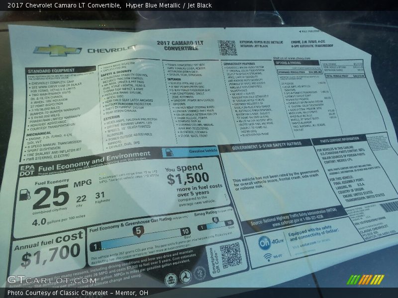 Hyper Blue Metallic / Jet Black 2017 Chevrolet Camaro LT Convertible