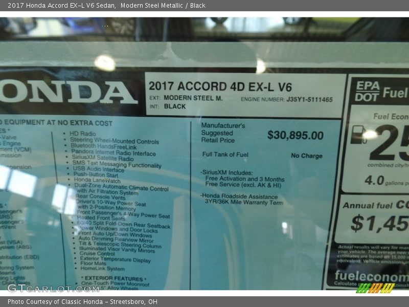  2017 Accord EX-L V6 Sedan Window Sticker