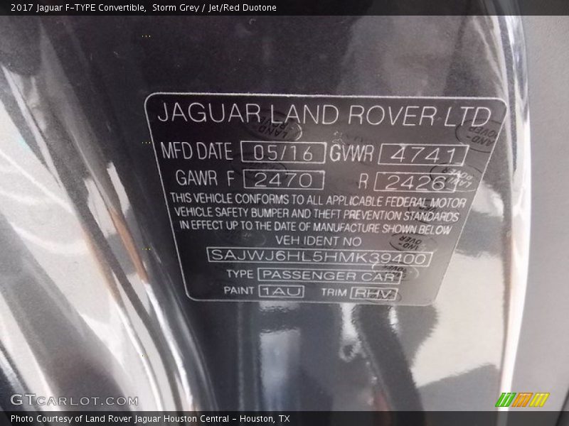 2017 F-TYPE Convertible Storm Grey Color Code 1AU