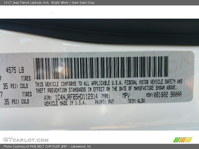 2017 Patriot Latitude 4x4 Bright White Color Code PW7