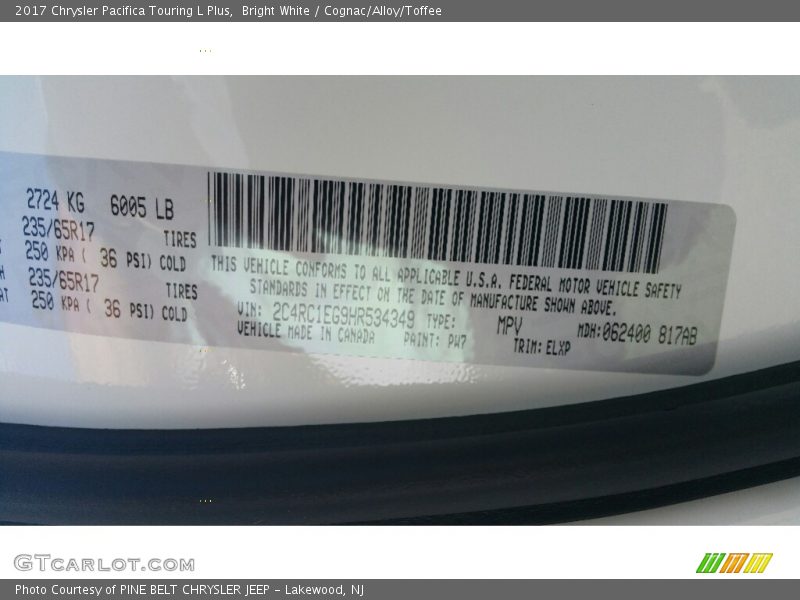 2017 Pacifica Touring L Plus Bright White Color Code PW7