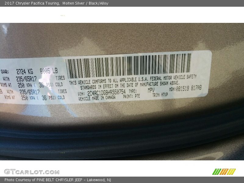 Molten Silver / Black/Alloy 2017 Chrysler Pacifica Touring