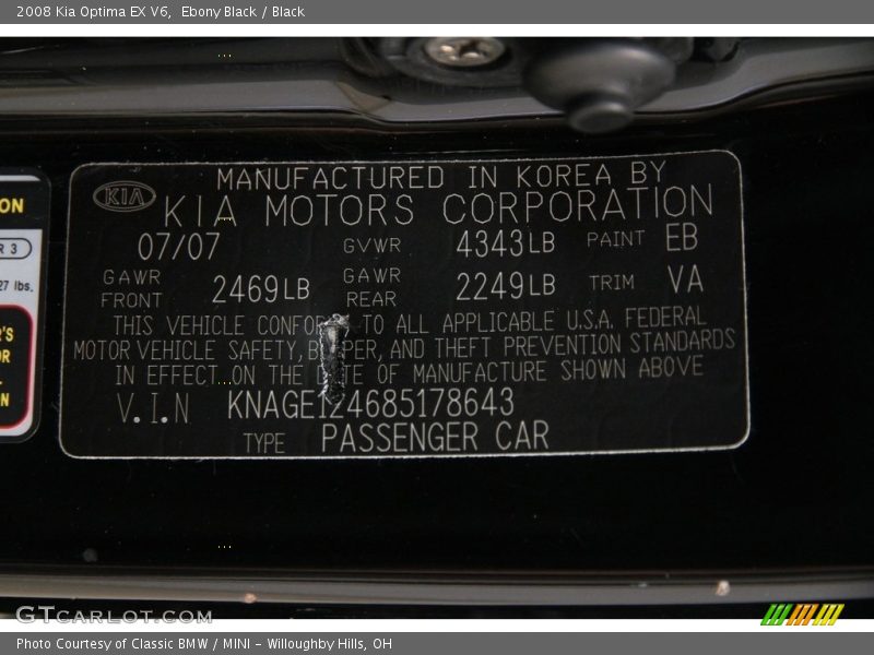 Ebony Black / Black 2008 Kia Optima EX V6