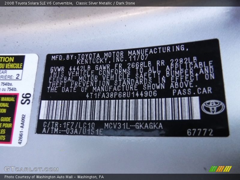 Classic Silver Metallic / Dark Stone 2008 Toyota Solara SLE V6 Convertible