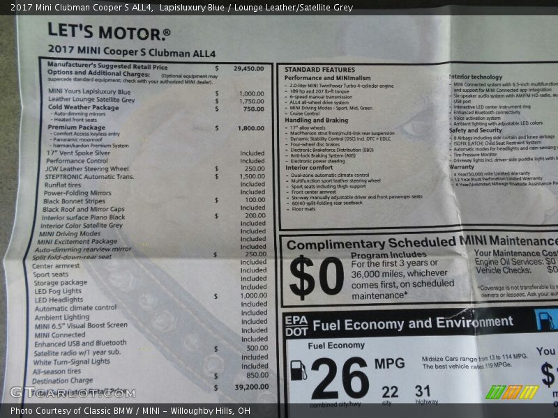  2017 Clubman Cooper S ALL4 Window Sticker