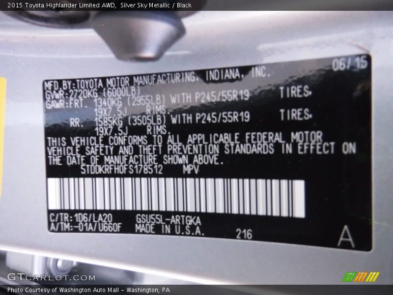 Silver Sky Metallic / Black 2015 Toyota Highlander Limited AWD