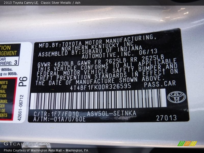 Classic Silver Metallic / Ash 2013 Toyota Camry LE