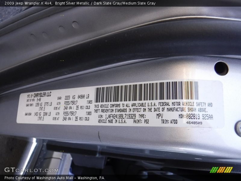 Bright Silver Metallic / Dark Slate Gray/Medium Slate Gray 2009 Jeep Wrangler X 4x4