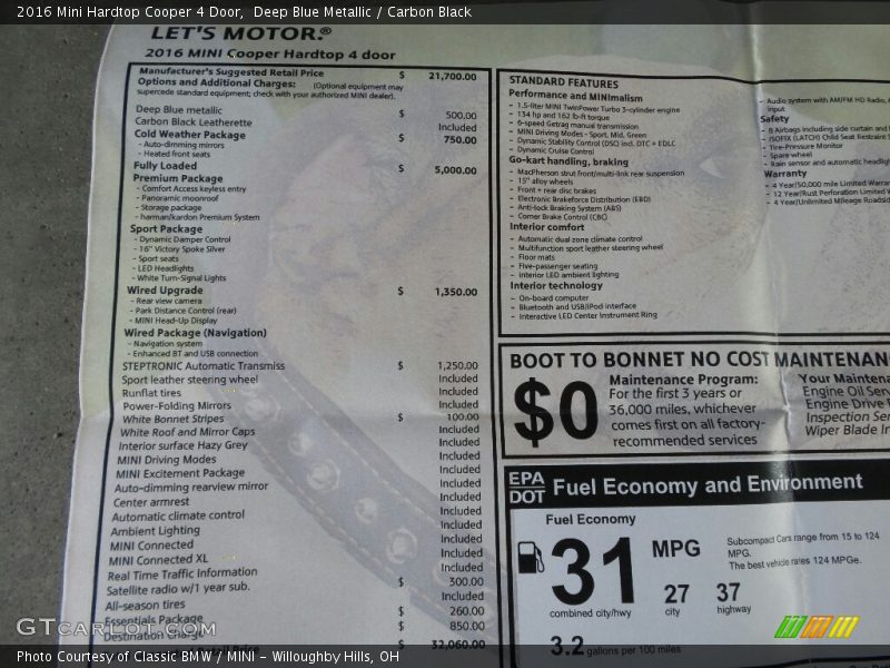 Deep Blue Metallic / Carbon Black 2016 Mini Hardtop Cooper 4 Door