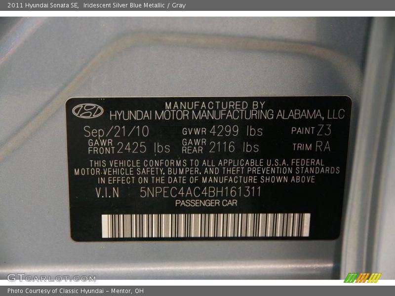 Iridescent Silver Blue Metallic / Gray 2011 Hyundai Sonata SE