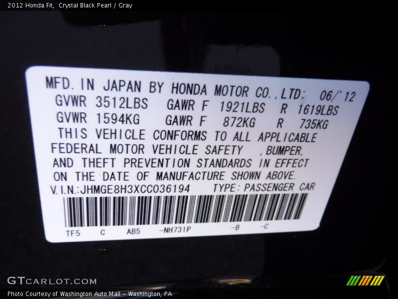 Crystal Black Pearl / Gray 2012 Honda Fit