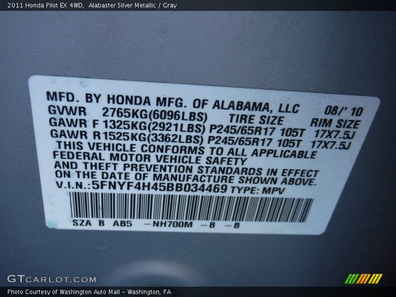 Alabaster Silver Metallic / Gray 2011 Honda Pilot EX 4WD