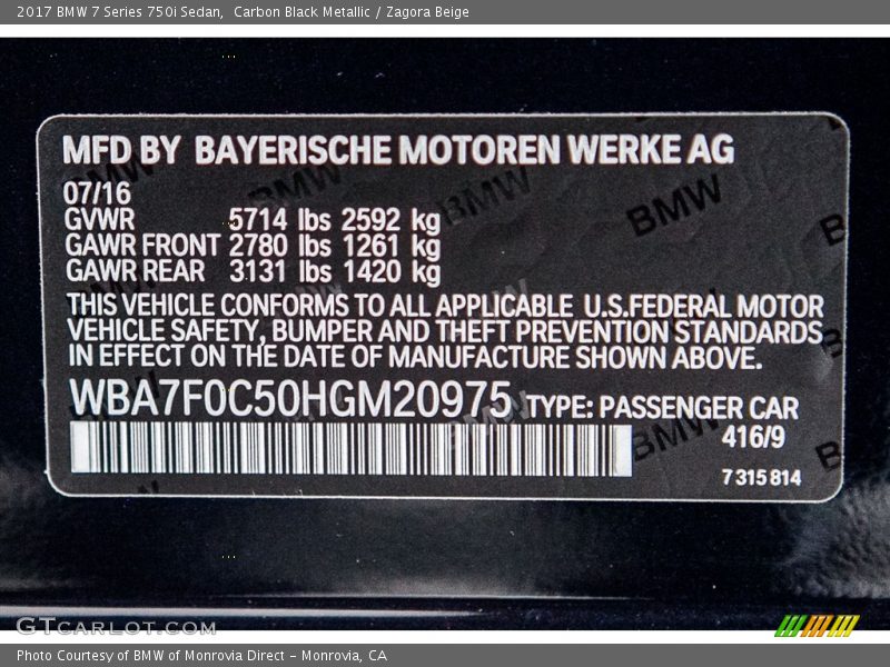 2017 7 Series 750i Sedan Carbon Black Metallic Color Code 416