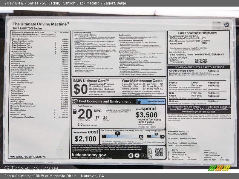  2017 7 Series 750i Sedan Window Sticker