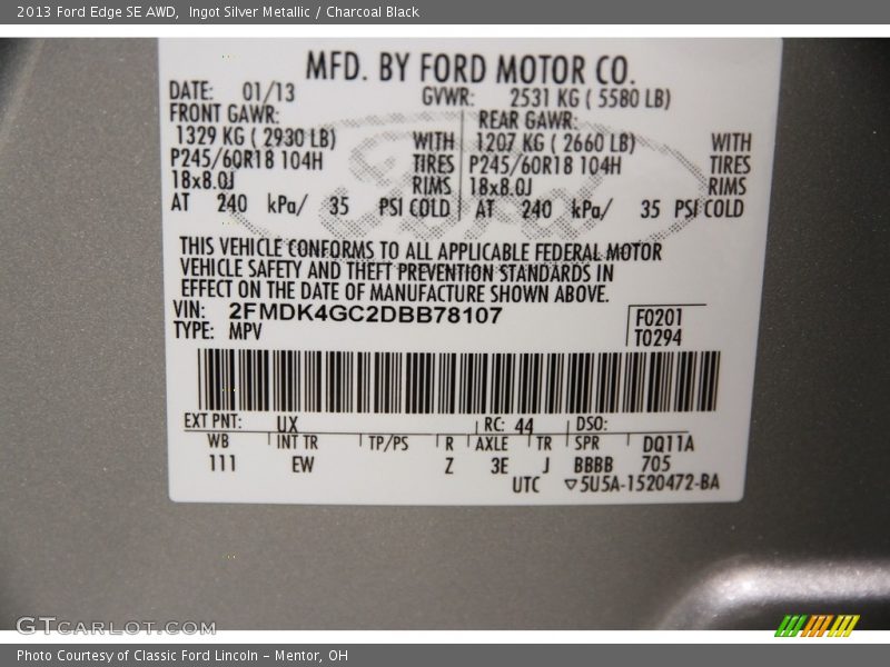 Ingot Silver Metallic / Charcoal Black 2013 Ford Edge SE AWD