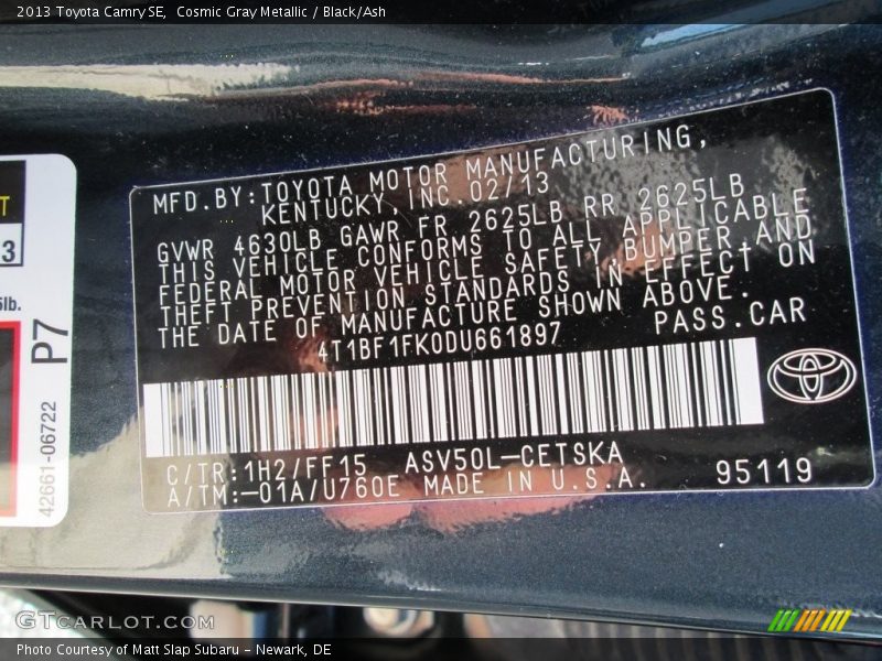 Cosmic Gray Metallic / Black/Ash 2013 Toyota Camry SE