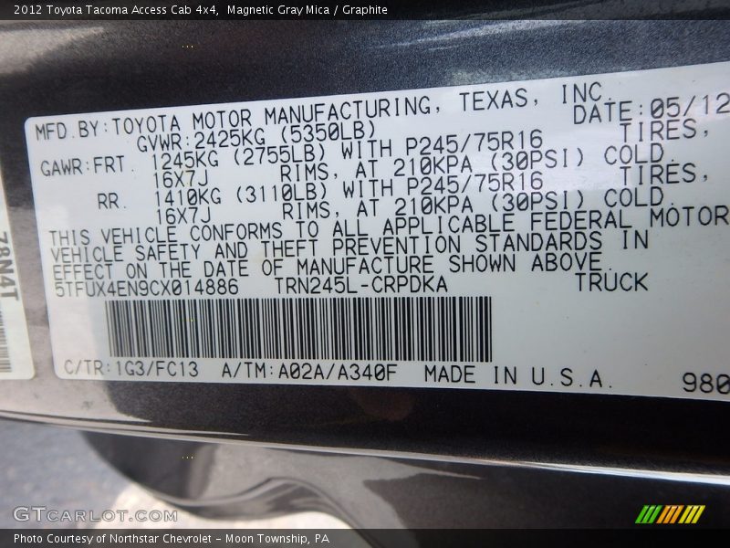 Magnetic Gray Mica / Graphite 2012 Toyota Tacoma Access Cab 4x4