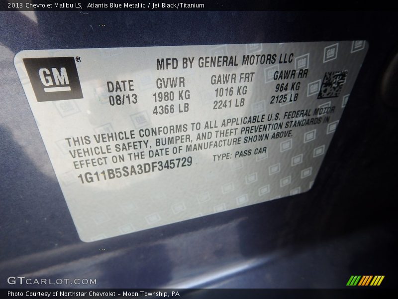 Atlantis Blue Metallic / Jet Black/Titanium 2013 Chevrolet Malibu LS