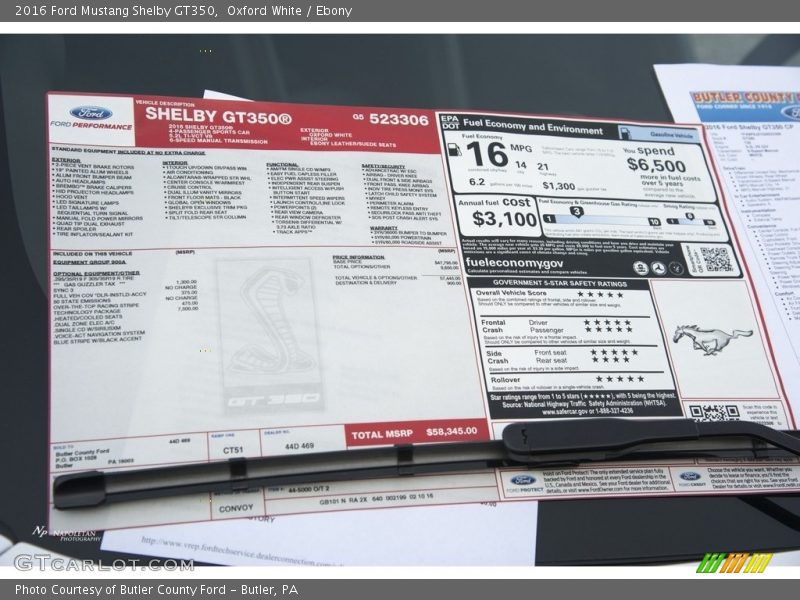  2016 Mustang Shelby GT350 Window Sticker