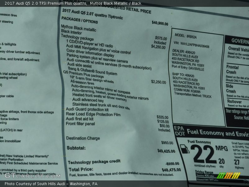  2017 Q5 2.0 TFSI Premium Plus quattro Window Sticker