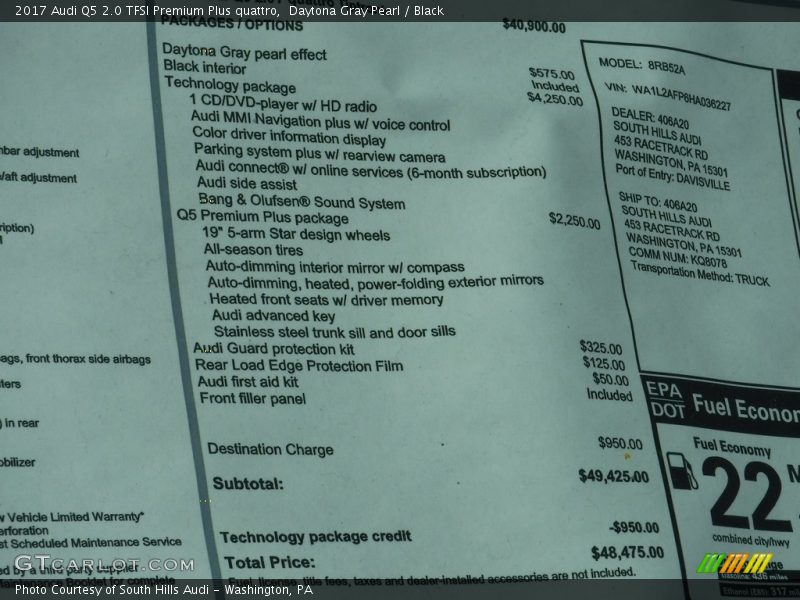 Daytona Gray Pearl / Black 2017 Audi Q5 2.0 TFSI Premium Plus quattro