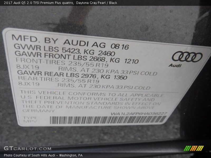 Daytona Gray Pearl / Black 2017 Audi Q5 2.0 TFSI Premium Plus quattro