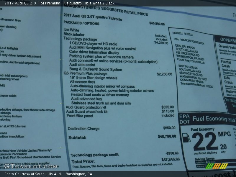  2017 Q5 2.0 TFSI Premium Plus quattro Window Sticker