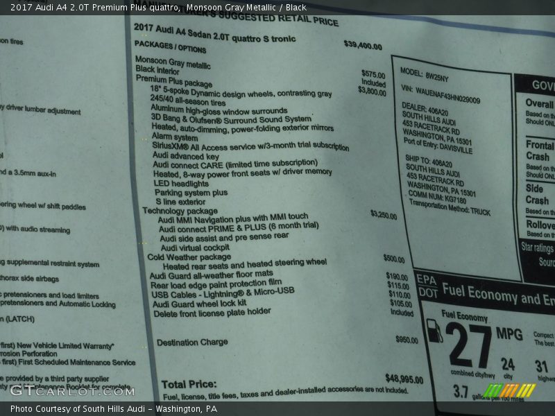Monsoon Gray Metallic / Black 2017 Audi A4 2.0T Premium Plus quattro