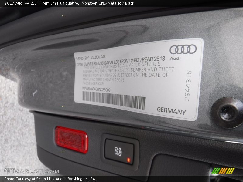 Monsoon Gray Metallic / Black 2017 Audi A4 2.0T Premium Plus quattro