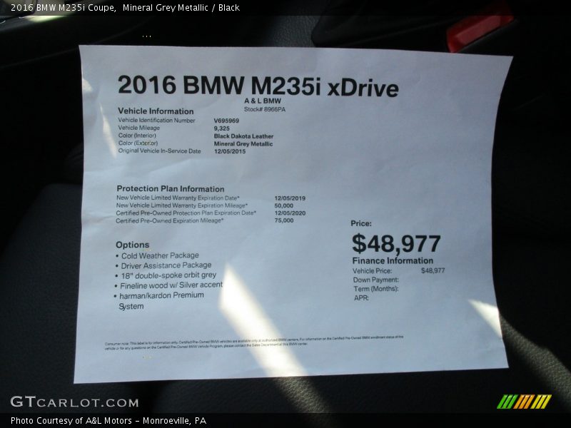 Mineral Grey Metallic / Black 2016 BMW M235i Coupe