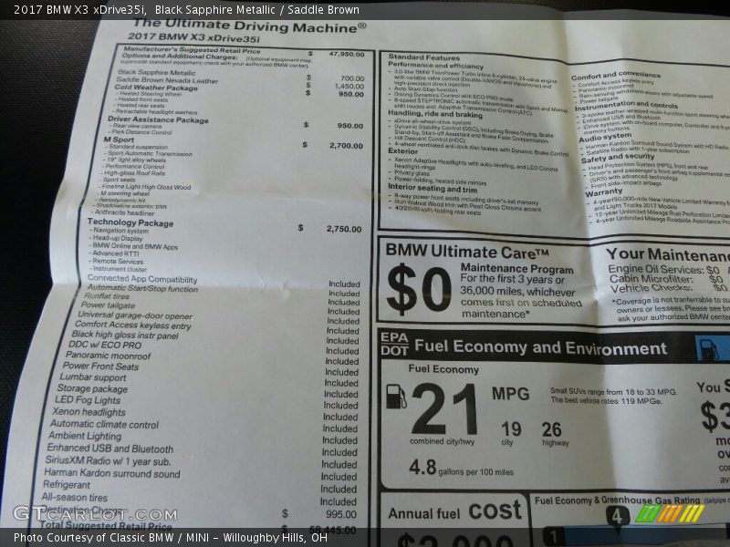 Black Sapphire Metallic / Saddle Brown 2017 BMW X3 xDrive35i